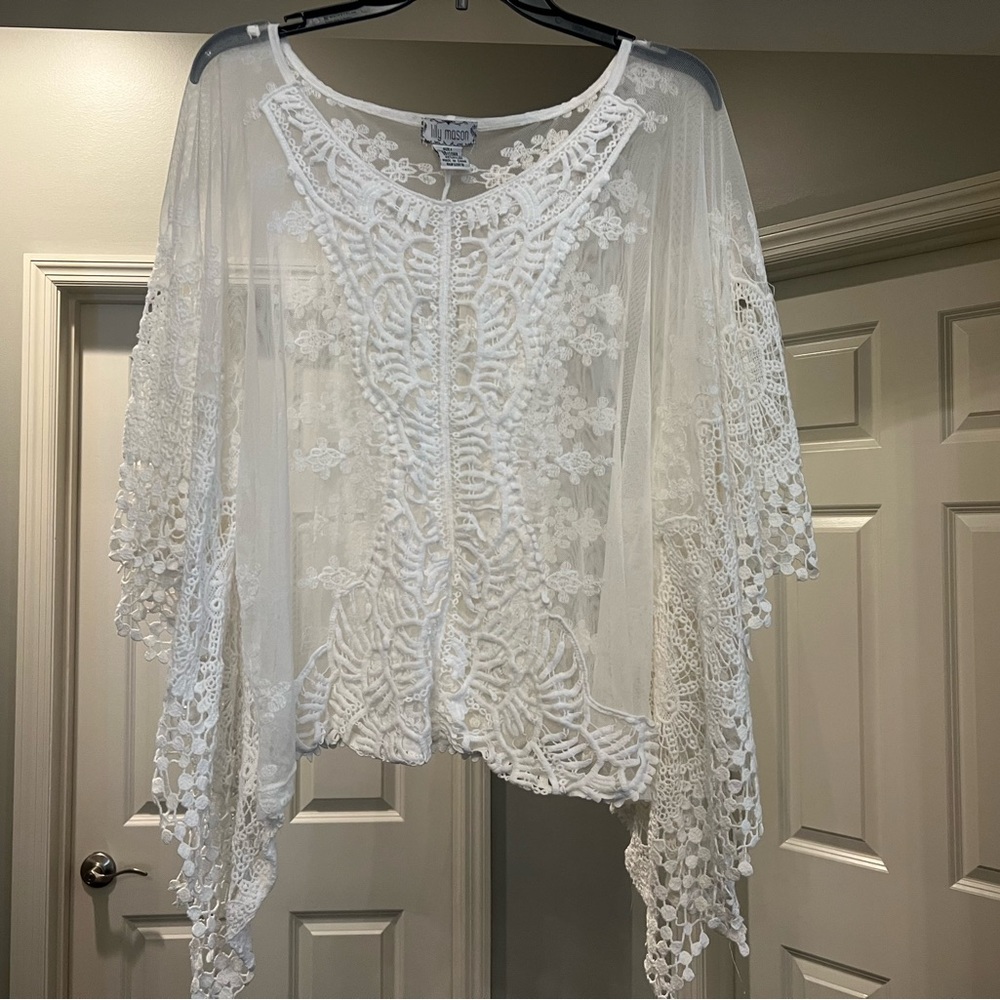 White, Bohemian Crochet Lace Top with full Lace Sleeves, One Size, generous fit